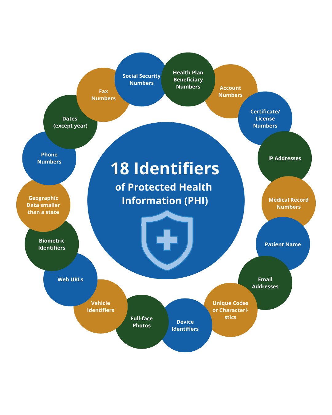 18 Identifiers of Protected Health Information (PHI): patient name; geographic data smaller than a state; dates (except year); phone numbers; fax numbers; email addresses; Social Security numbers; medical record numbers; health plan beneficiary numbers; account numbers; certificate or license numbers; vehicle identifiers; device identifiers; web URLs; IP addresses; biometric identifiers; full-face photos; and unique codes or characteristics.